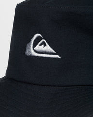 Black cap with a white logo on a light gray background
