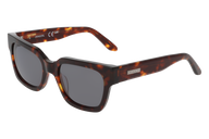 Sunglasses with tortoiseshell frame and dark lenses on a white background