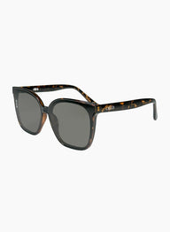 Sunglasses with tortoiseshell frame and dark lenses on a white background