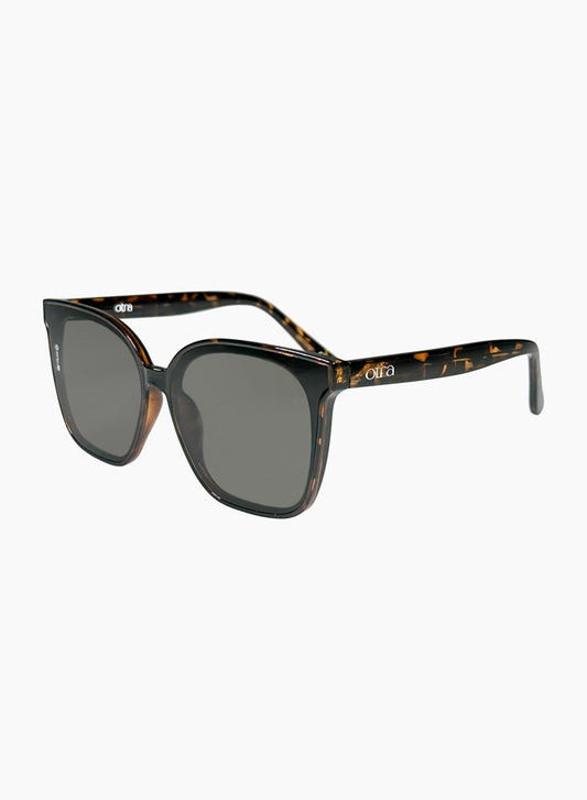 Sunglasses with tortoiseshell frame and dark lenses on a white background