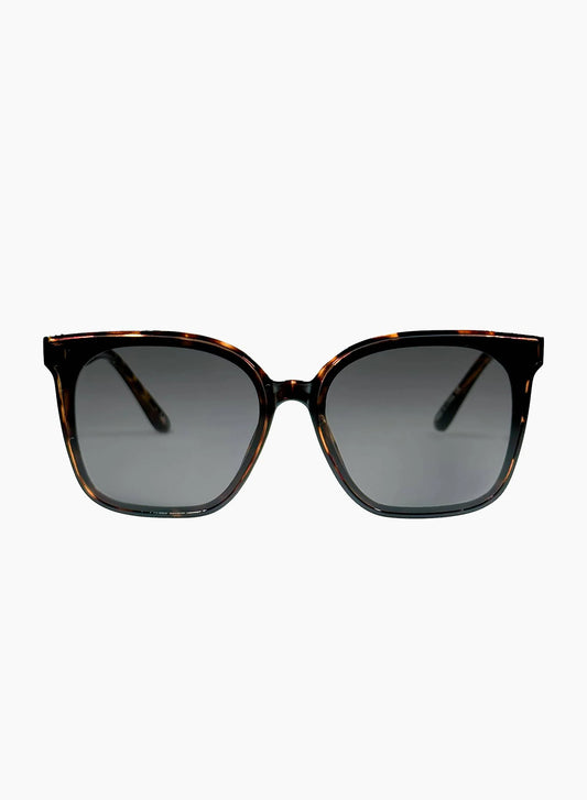 Sunglasses with tortoiseshell frame and dark lenses on a white background