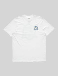 White t-shirt with a small logo on the chest against a gray background