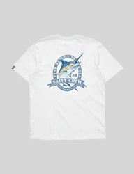 White t-shirt with Salty Crew logo on a gray background
