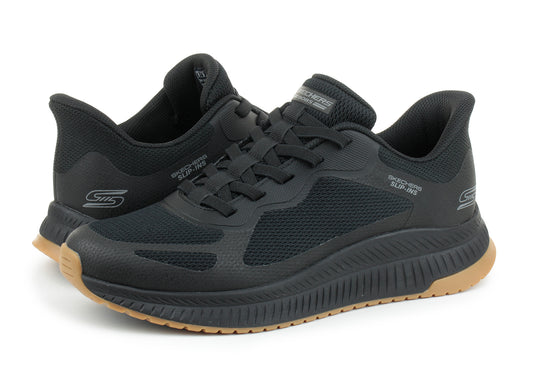 Black running shoes with brown soles on a white background