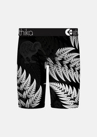 Black Ethika's with white leaf pattern and 'ethika' branding on a white background