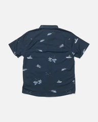 Navy blue shirt with white pattern on a white background