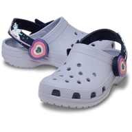 Frosted Grape clogs with navy straps and colorful heart-shaped decorative clips on a white background