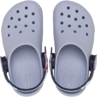 Pair of Frosted Grape clogs with colorful straps on a white background