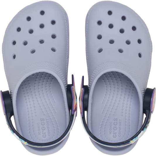 Pair of Frosted Grape clogs with colorful straps on a white background