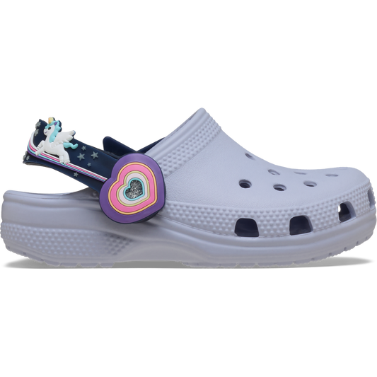 Frosted Grape clog shoe with a decorative strap featuring a unicorn design on a white background
