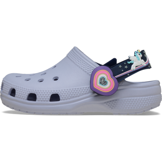 Frosted Grape clog shoe with a colorful strap featuring a unicorn design on a white background