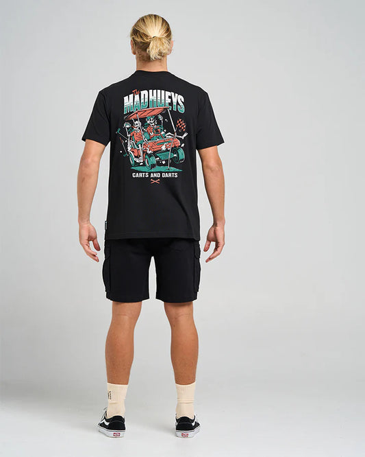 Person wearing a black t-shirt with a graphic design on the back, standing against a plain background