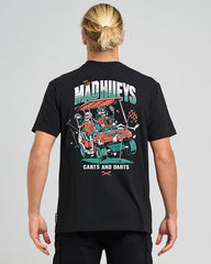 Person wearing a black t-shirt with a colorful graphic and text on the back, against a plain background.