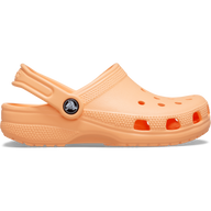 Orange clog shoe with a black logo on a white background