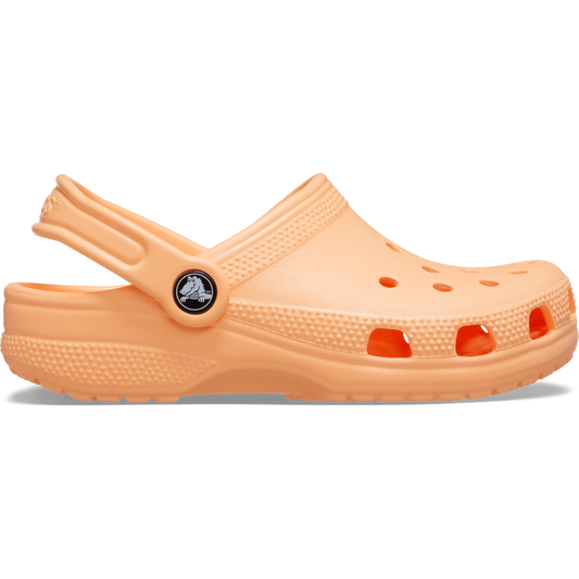 Orange clog shoe with a black logo on a white background