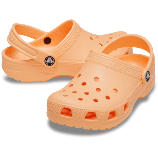 Pair of orange clogs on a white background