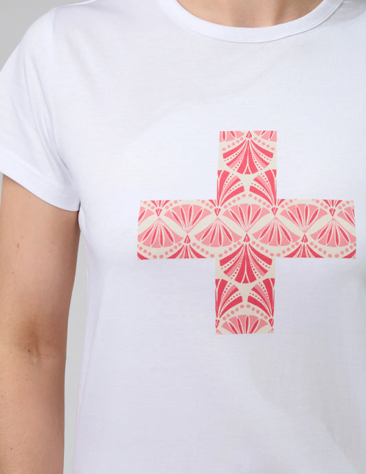 White t-shirt with a pink cross design on a plain background