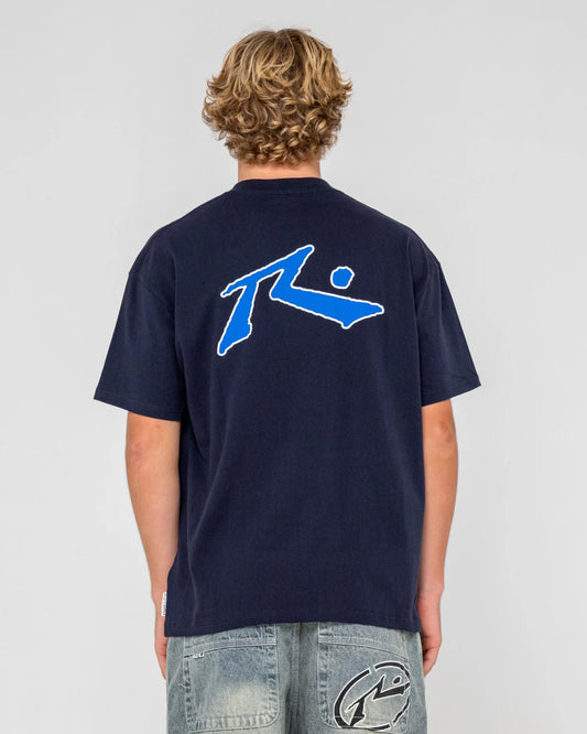 Person wearing a navy blue t-shirt with a blue logo on the back, standing against a plain background.