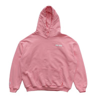 Pink hoodie with a brand logo on the chest against a white background