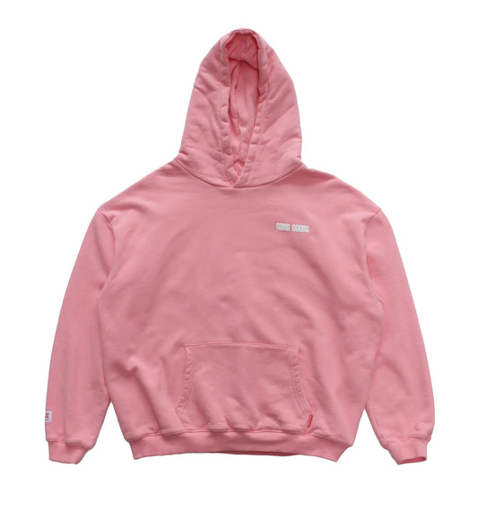 Pink hoodie with a brand logo on the chest against a white background