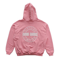 Pink hoodie with 'Good Goods' logo on the back against a white background