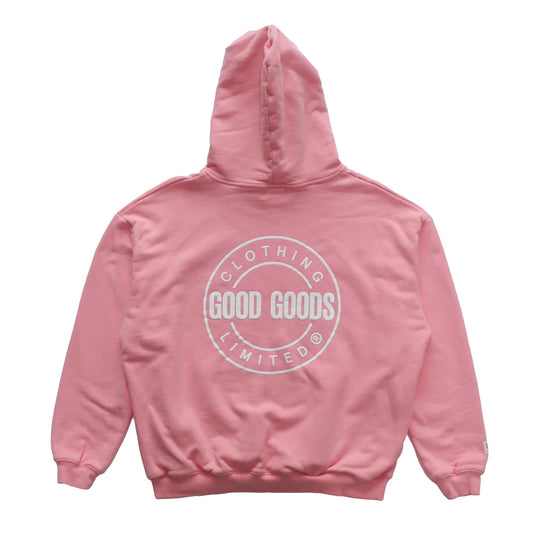 Pink hoodie with 'Good Goods' logo on the back against a white background