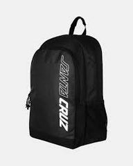 Black backpack with white branding on a white background