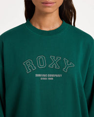 Green sweatshirt with 'ROXY Surfing Company' text on a white background