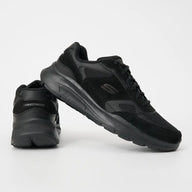 Black Skechers shoes on a light gray background