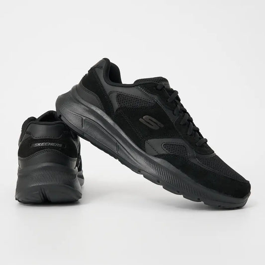 Black Skechers shoes on a light gray background