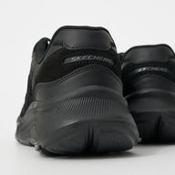 Black Skechers shoes on a white background