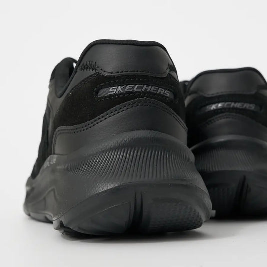 Black Skechers shoes on a white background