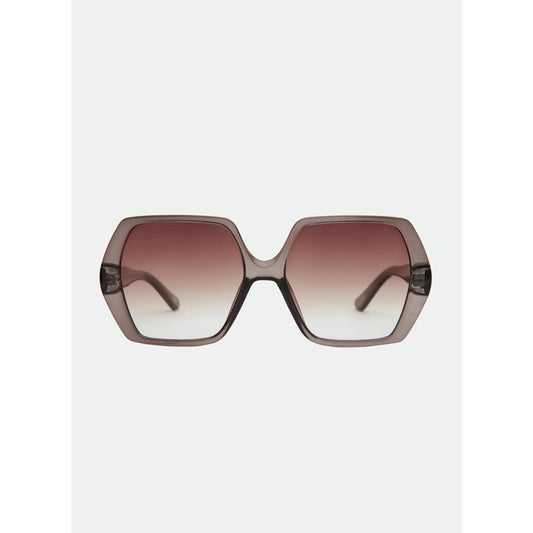 Sunglasses with a gradient brown lens on a light gray background