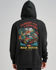 Black hoodie with colorful graphic design on the back against a gray background