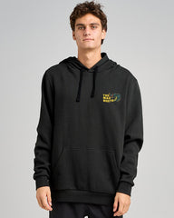 Person wearing a black hoodie with a logo on a gray background