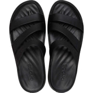 Black sandals with 'Crocs' branding on a white background
