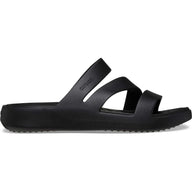 Black sandal with multiple straps on a white background