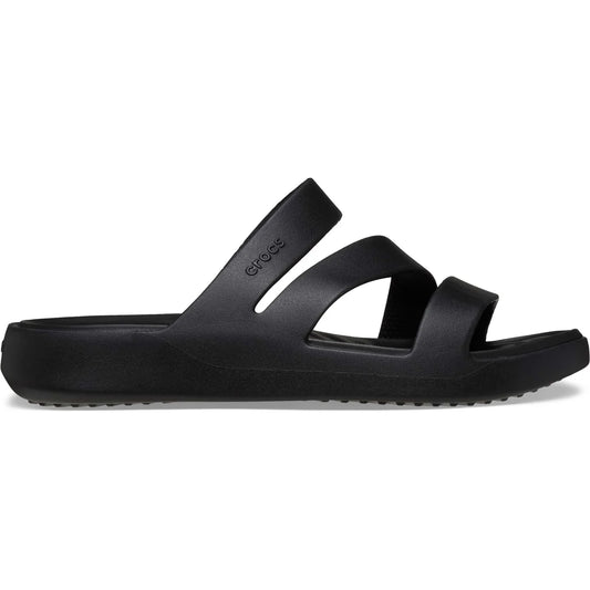 Black sandal with multiple straps on a white background