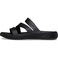 Black sandal with 'Crocs' branding on a white background