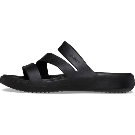 Black sandal with 'Crocs' branding on a white background