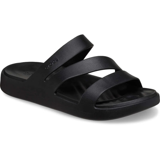 Black sandal with multiple straps on a white background