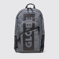 Grey school bag with GLOBE printed on it with grey background