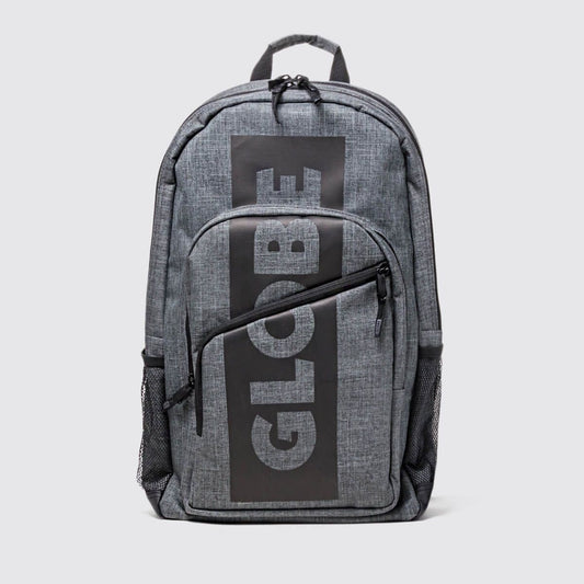 Grey school bag with GLOBE printed on it with grey background