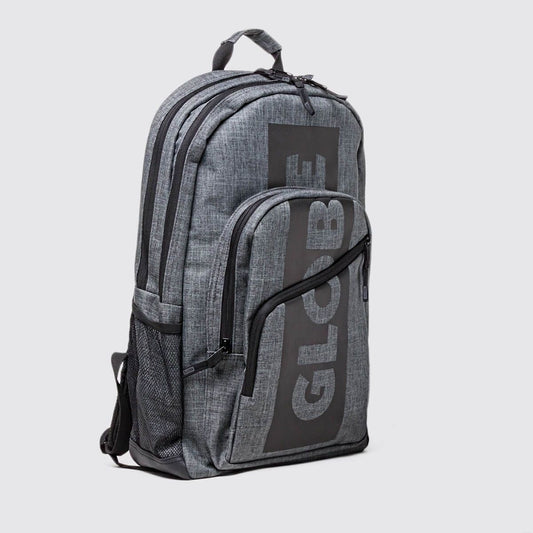 Grey school bag with GLOBE printed on it with grey background