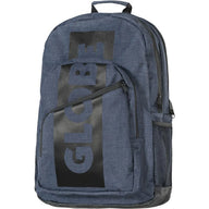 A heathered blue-gray backpack with a large black vertical panel on the front featuring the word 'GLOBE' in a matching blue-gray tone, shown against a plain white background.