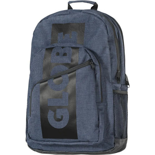 A heathered blue-gray backpack with a large black vertical panel on the front featuring the word 'GLOBE' in a matching blue-gray tone, shown against a plain white background.