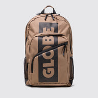 A tan canvas backpack with a large black vertical panel featuring the word 'GLOBE' in tan, shown on a light gray background.