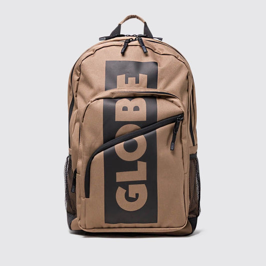 A tan canvas backpack with a large black vertical panel featuring the word 'GLOBE' in tan, shown on a light gray background.