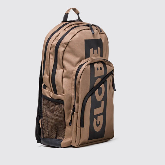 A tan and black Globe backpack with a large vertical 'GLOBE' logo on the front pocket, shown against a light gray background.