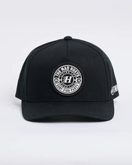 Black cap with a logo on a white background